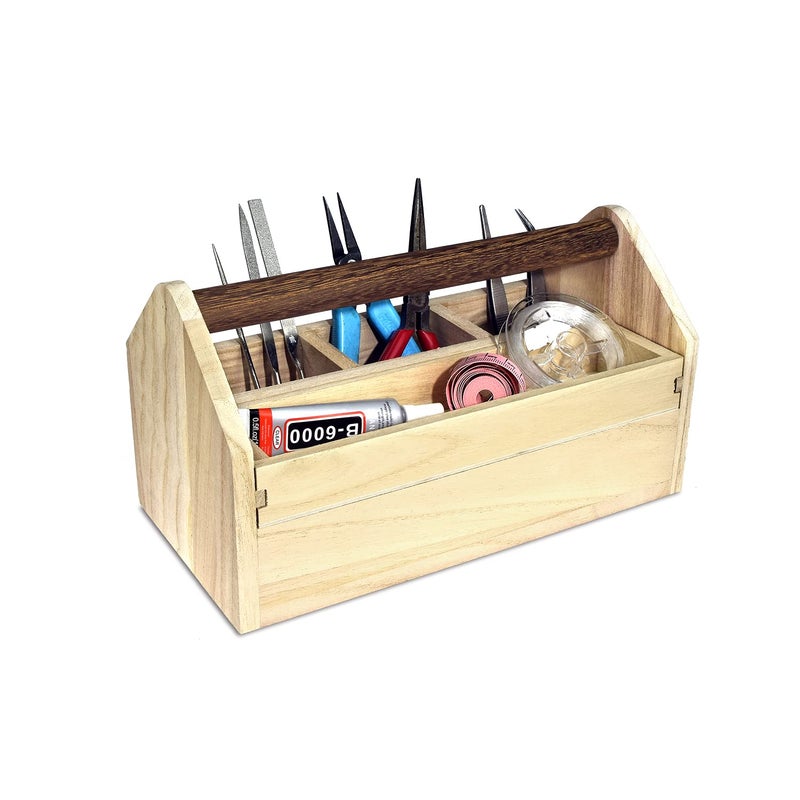Ikee Design Small Natural Wood Color Wooden Craft Tool Box Caddy with a Handle for Storage Tool, Makeup, Collections with 5 Compartments for Storage and Organizing, 10 W x 5.1 D x 3.5 H in - Image 1